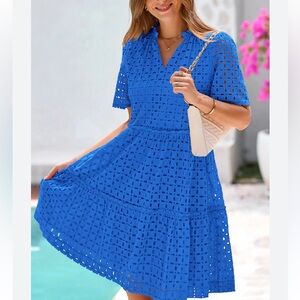 Prettygarden Blue Eyelet V-Neck A Line Plus 2X Dress  Ruffle Vacation Resortwear